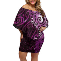 Matariki New Zealand Maori Koru Art Tattoo Family Matching Off Shoulder Short Dress and Hawaiian Shirt New Year Galaxy Pink Sky Style