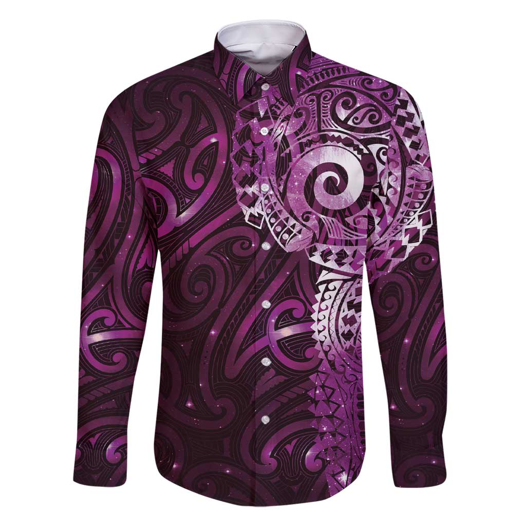 Matariki New Zealand Maori Koru Art Tattoo Family Matching Short Sleeve Bodycon Dress and Hawaiian Shirt New Year Galaxy Pink Sky Style LT03 Dad's Shirt - Long Sleeve Pink - Polynesian Pride
