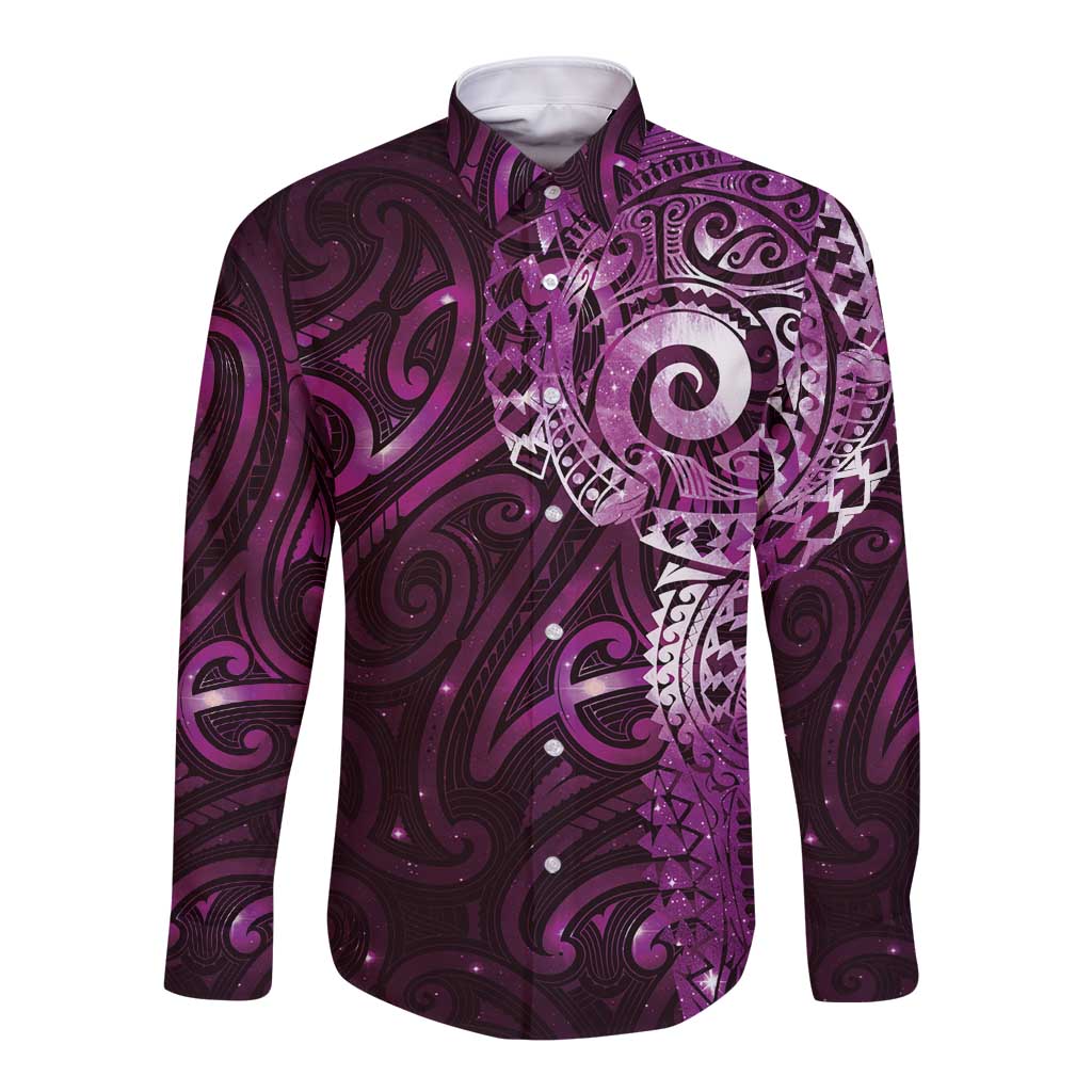 Matariki New Zealand Maori Koru Art Tattoo Long Sleeve Button Shirt New Year Galaxy Pink Sky Style LT03 Unisex Pink - Polynesian Pride