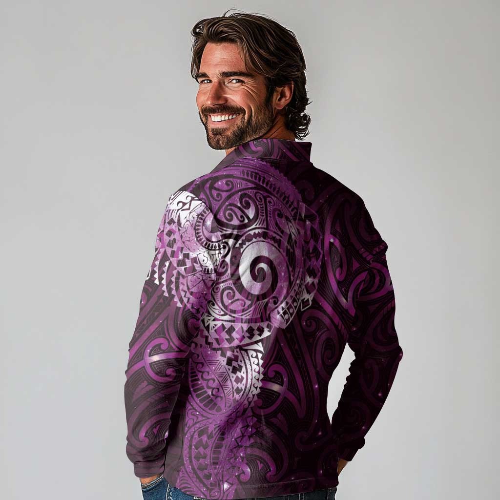 Matariki New Zealand Maori Koru Art Tattoo Long Sleeve Polo Shirt New Year Galaxy Pink Sky Style