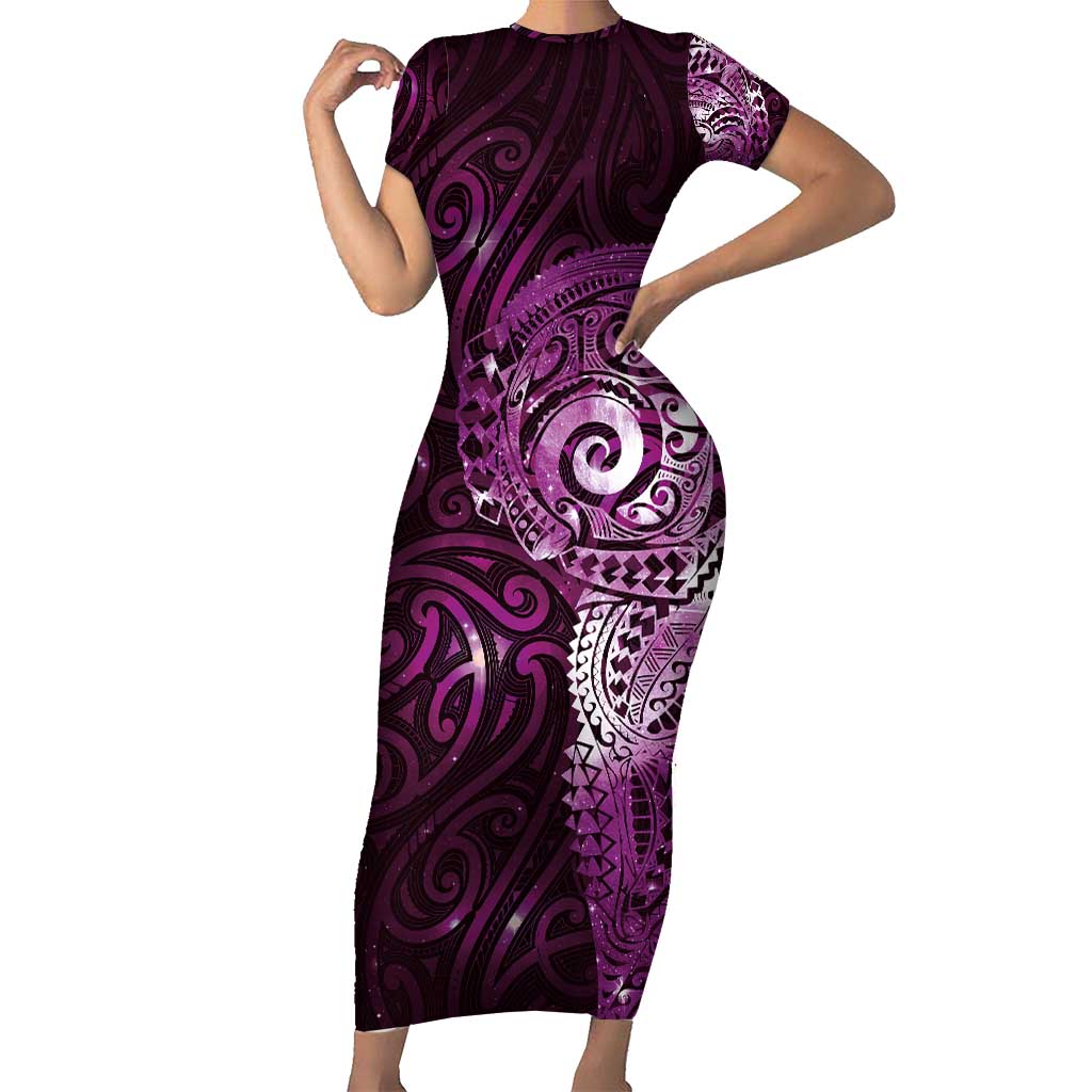 Matariki New Zealand Maori Koru Art Tattoo Short Sleeve Bodycon Dress New Year Galaxy Pink Sky Style