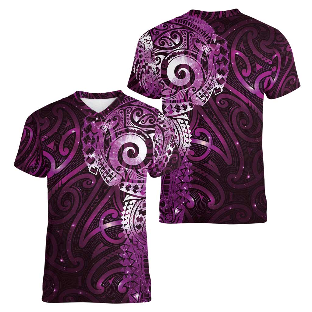Matariki New Zealand Maori Koru Art Tattoo Women V-Neck T-Shirt New Year Galaxy Pink Sky Style LT03 - Polynesian Pride
