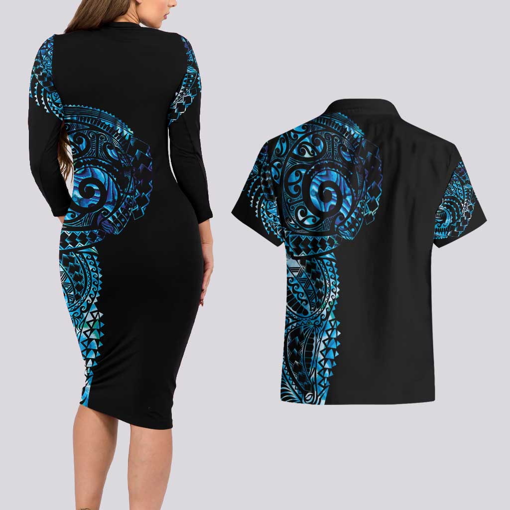 New Zealand Maori Koru Art Traditional Tattoo Couples Matching Long Sleeve Bodycon Dress and Hawaiian Shirt Paua Shell LT03 - Polynesian Pride