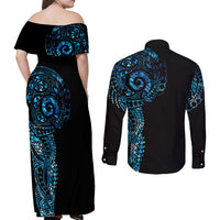 New Zealand Maori Koru Art Traditional Tattoo Couples Matching Off Shoulder Maxi Dress and Long Sleeve Button Shirt Paua Shell LT03 - Polynesian Pride