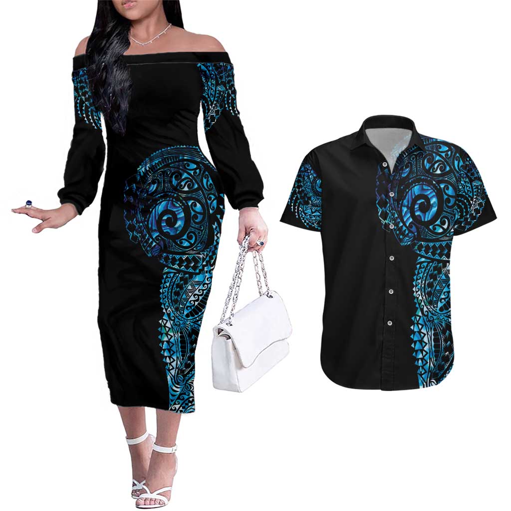 New Zealand Maori Koru Art Traditional Tattoo Couples Matching Off The Shoulder Long Sleeve Dress and Hawaiian Shirt Paua Shell