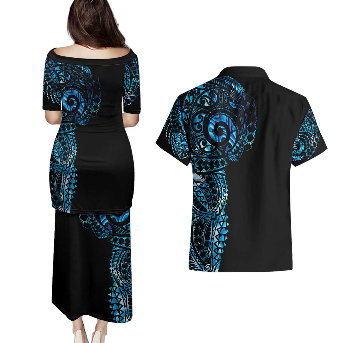 New Zealand Maori Koru Art Traditional Tattoo Couples Matching Puletasi and Hawaiian Shirt Paua Shell