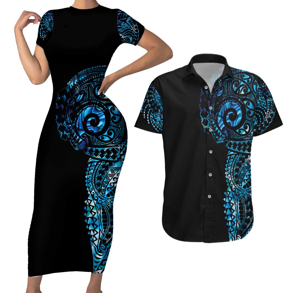 New Zealand Maori Koru Art Traditional Tattoo Couples Matching Short Sleeve Bodycon Dress and Hawaiian Shirt Paua Shell LT03 Black - Polynesian Pride