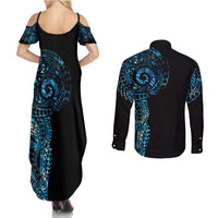 New Zealand Maori Koru Art Traditional Tattoo Couples Matching Summer Maxi Dress and Long Sleeve Button Shirt Paua Shell LT03 - Polynesian Pride
