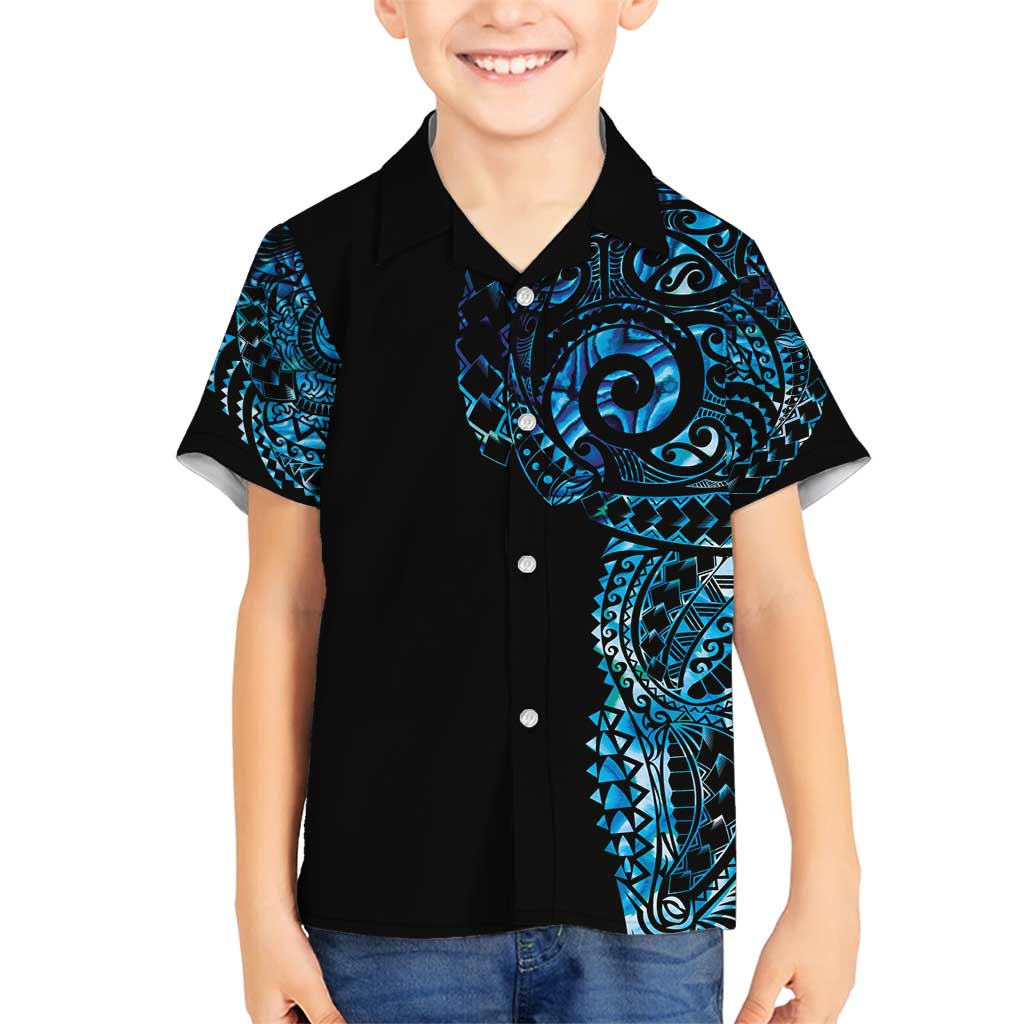 New Zealand Maori Koru Art Traditional Tattoo Family Matching Long Sleeve Bodycon Dress and Hawaiian Shirt Paua Shell LT03 Son's Shirt Black - Polynesian Pride