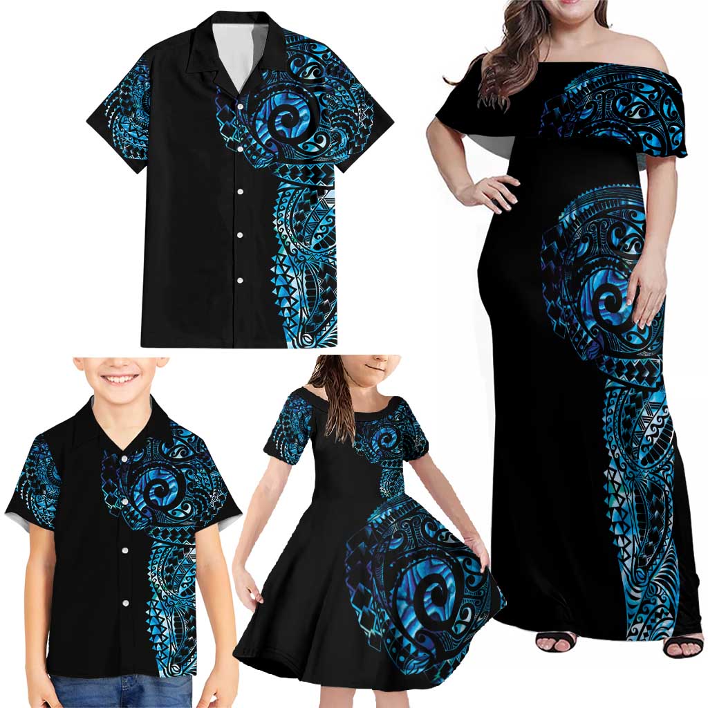 New Zealand Maori Koru Art Traditional Tattoo Family Matching Off Shoulder Maxi Dress and Hawaiian Shirt Paua Shell