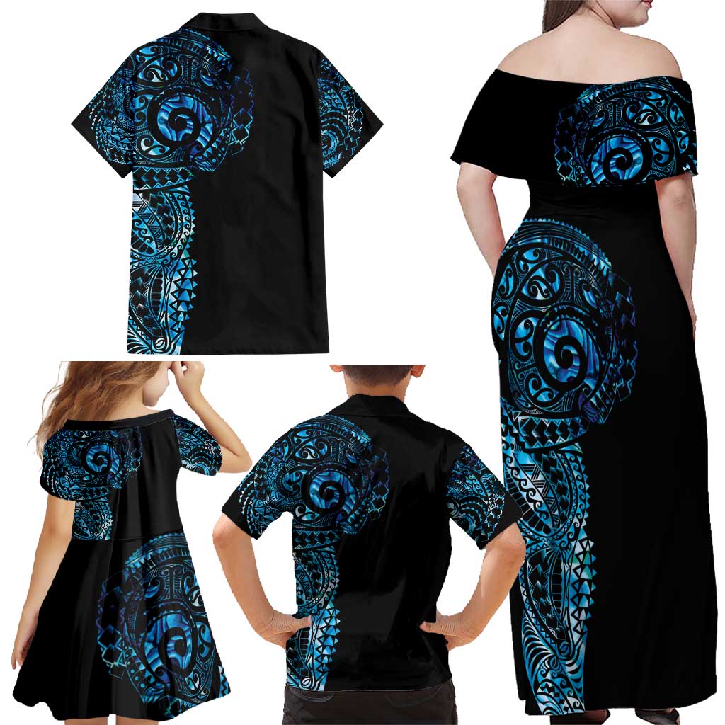 New Zealand Maori Koru Art Traditional Tattoo Family Matching Off Shoulder Maxi Dress and Hawaiian Shirt Paua Shell