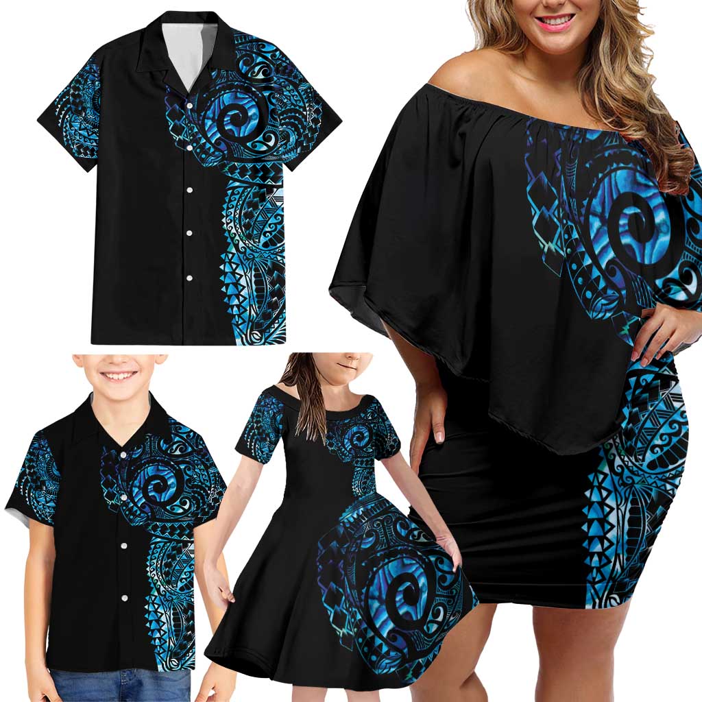 New Zealand Maori Koru Art Traditional Tattoo Family Matching Off Shoulder Short Dress and Hawaiian Shirt Paua Shell