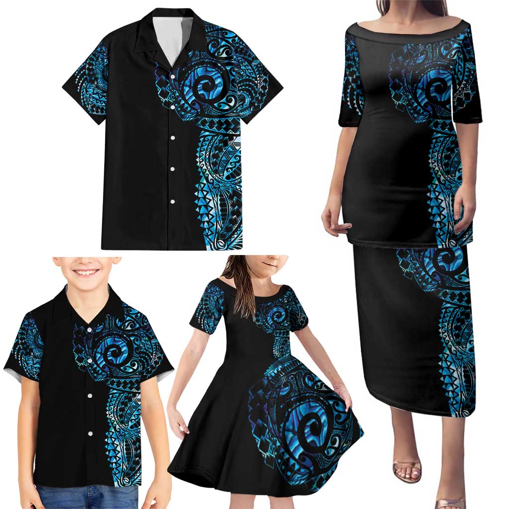New Zealand Maori Koru Art Traditional Tattoo Family Matching Puletasi and Hawaiian Shirt Paua Shell LT03 - Polynesian Pride