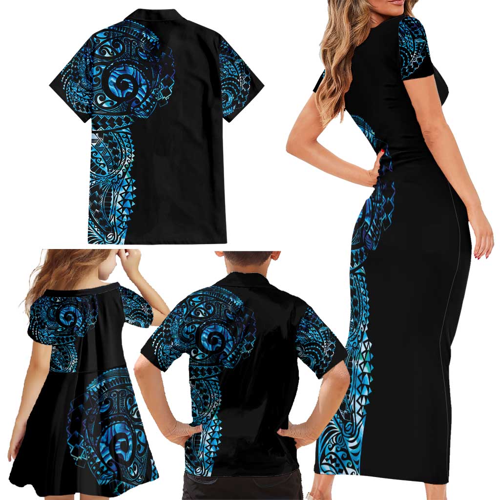 New Zealand Maori Koru Art Traditional Tattoo Family Matching Short Sleeve Bodycon Dress and Hawaiian Shirt Paua Shell LT03 - Polynesian Pride