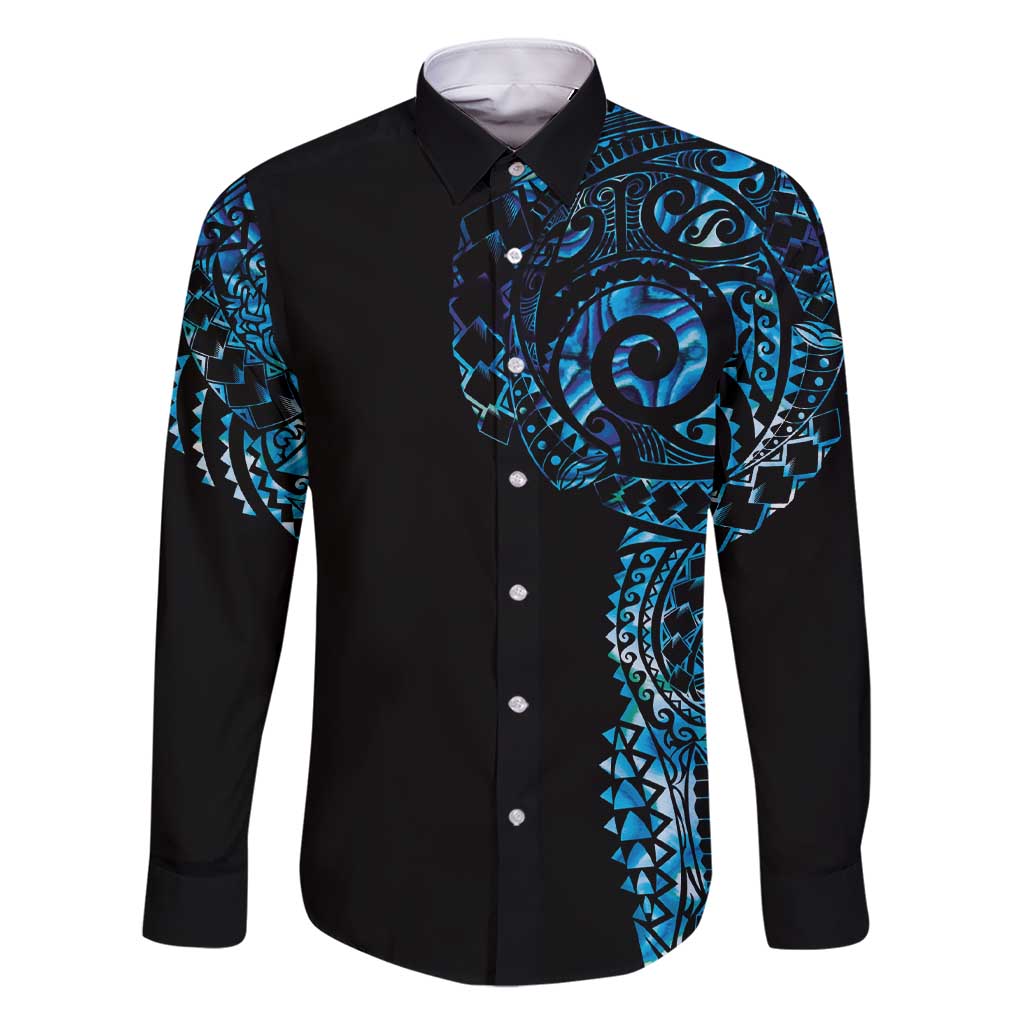 New Zealand Maori Koru Art Traditional Tattoo Family Matching Short Sleeve Bodycon Dress and Hawaiian Shirt Paua Shell LT03 Dad's Shirt - Long Sleeve Black - Polynesian Pride