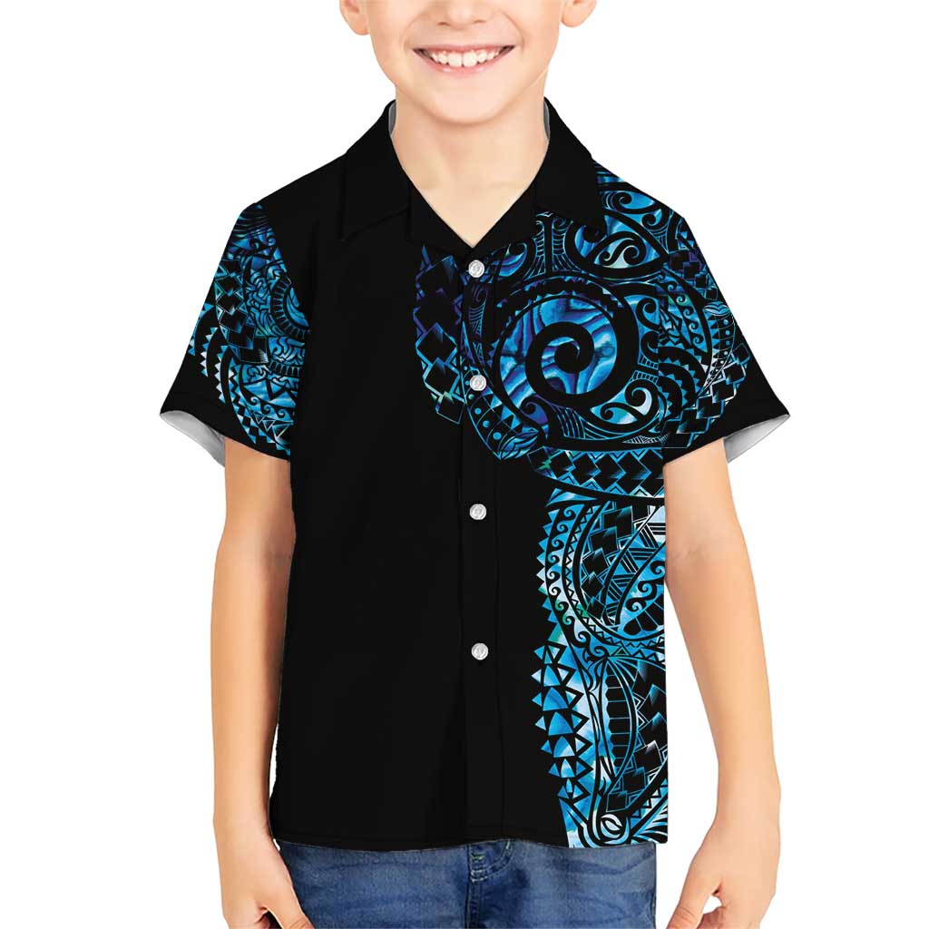 New Zealand Maori Koru Art Traditional Tattoo Family Matching Short Sleeve Bodycon Dress and Hawaiian Shirt Paua Shell LT03 Son's Shirt Black - Polynesian Pride
