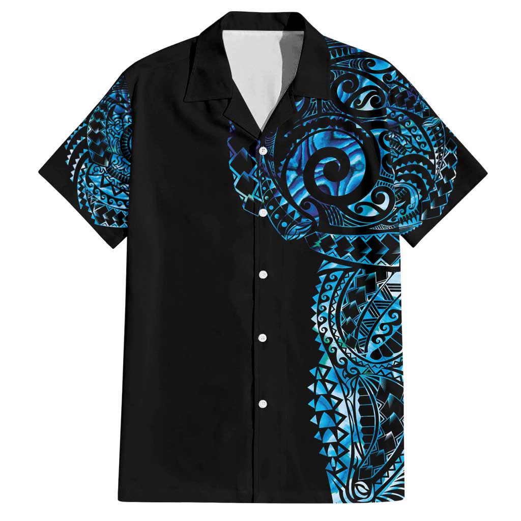 New Zealand Maori Koru Art Traditional Tattoo Family Matching Summer Maxi Dress and Hawaiian Shirt Paua Shell LT03 Dad's Shirt - Short Sleeve Black - Polynesian Pride
