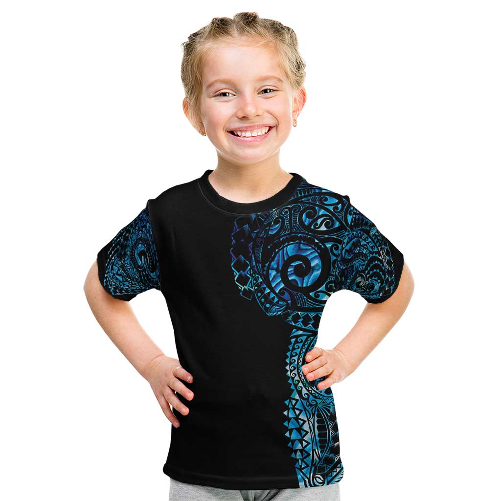 New Zealand Maori Koru Art Traditional Tattoo Kid T Shirt Paua Shell LT03 Black - Polynesian Pride