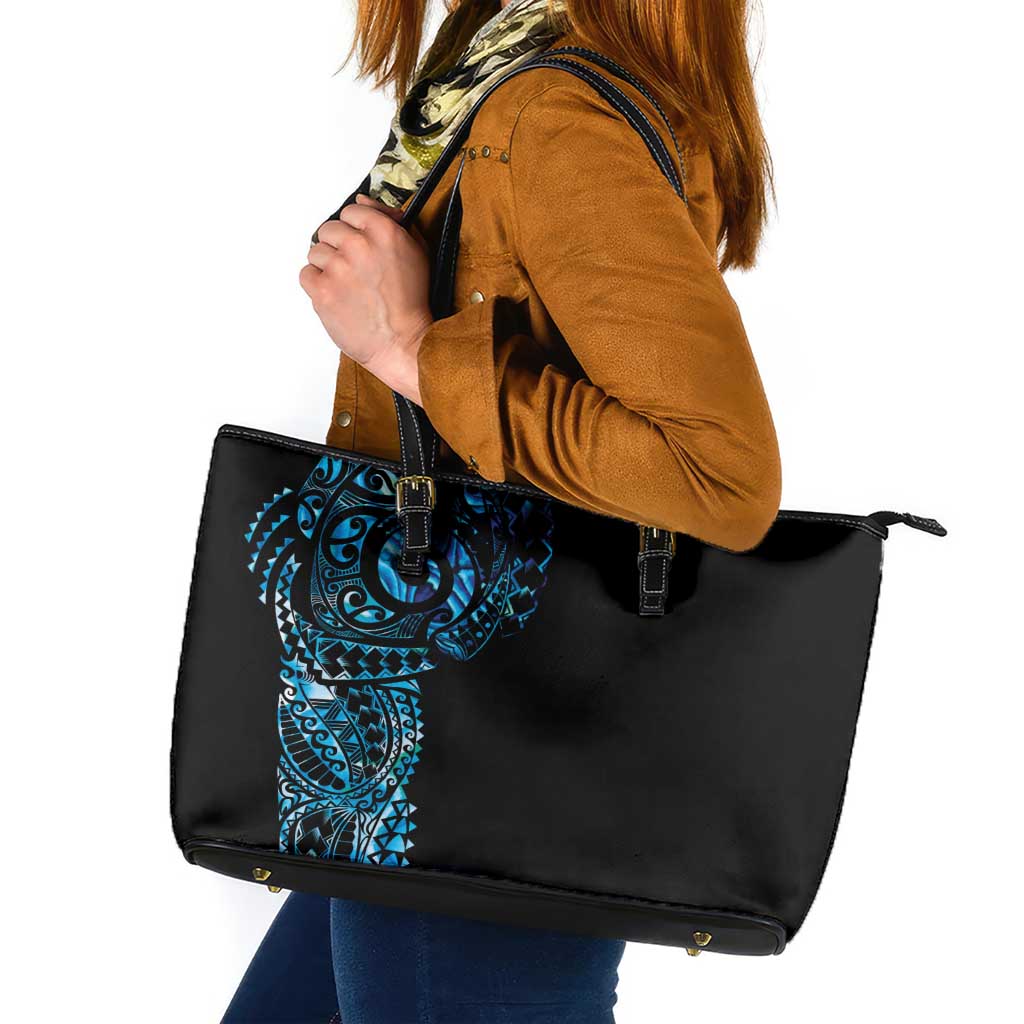 New Zealand Maori Koru Art Traditional Tattoo Leather Tote Bag Paua Shell LT03 Black - Polynesian Pride