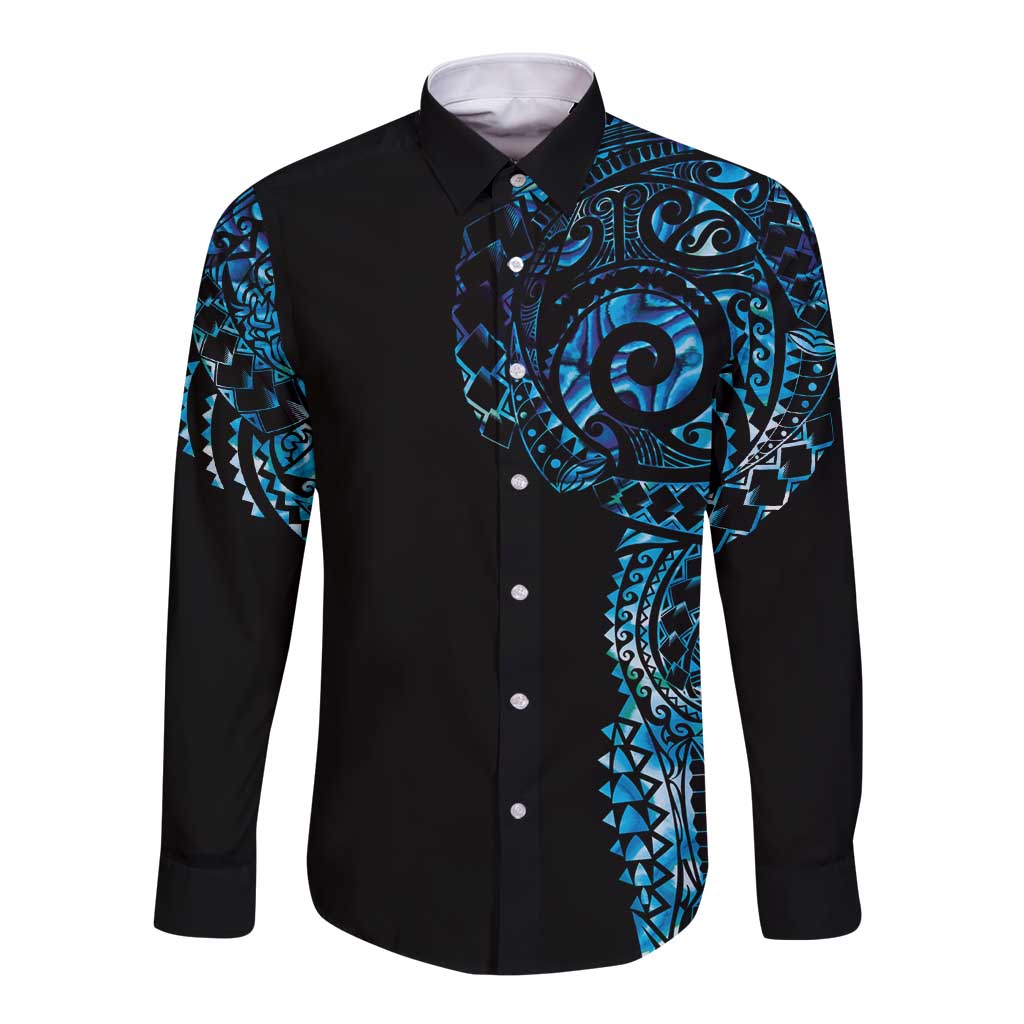 New Zealand Maori Koru Art Traditional Tattoo Long Sleeve Button Shirt Paua Shell LT03 Unisex Black - Polynesian Pride
