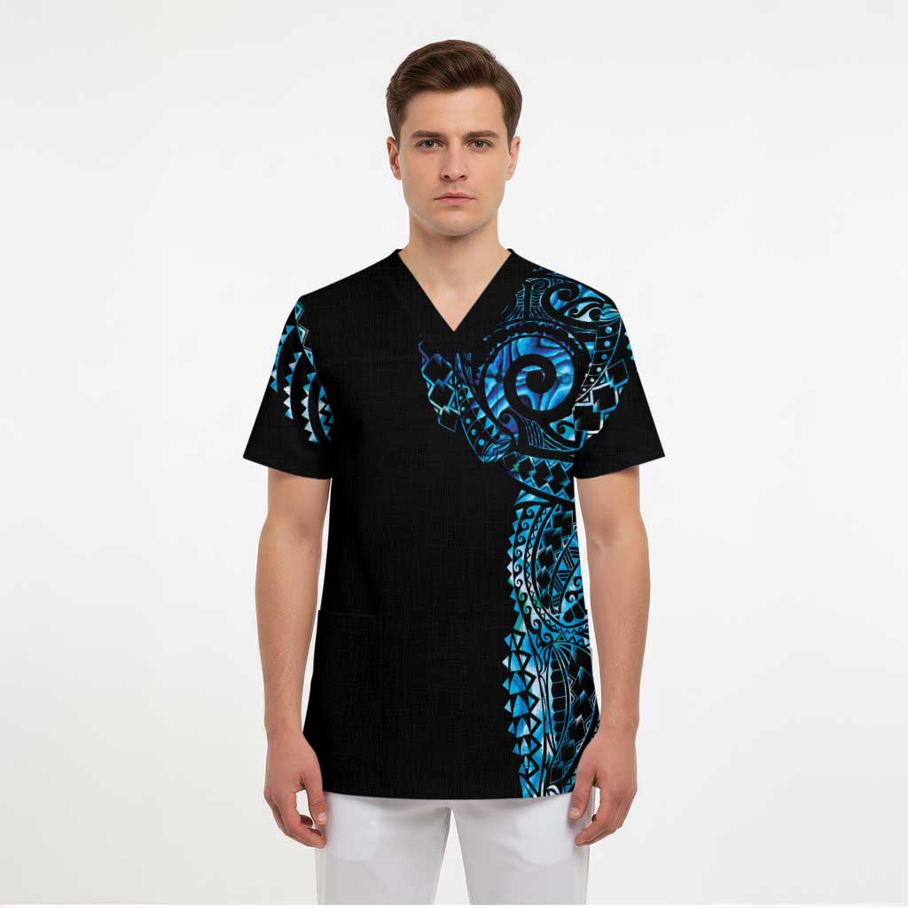 New Zealand Maori Koru Art Traditional Tattoo Scrub Top Paua Shell - Polynesian Pride