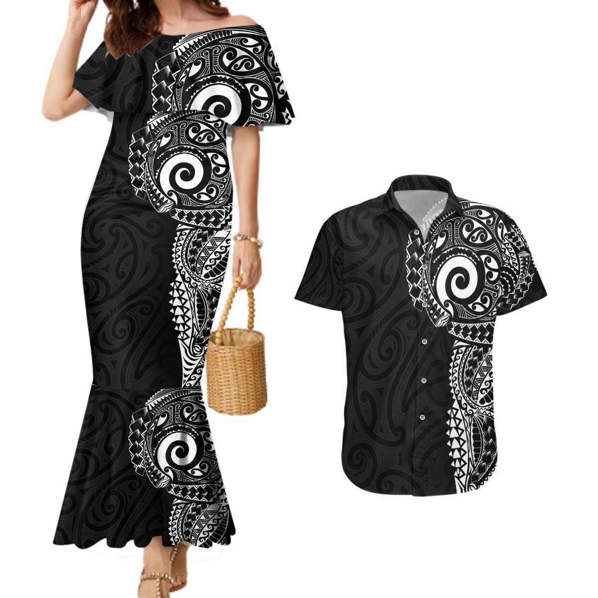New Zealand Maori Koru Art Traditional Tattoo Couples Matching Mermaid Dress and Hawaiian Shirt Simple Style LT03 Black - Polynesian Pride
