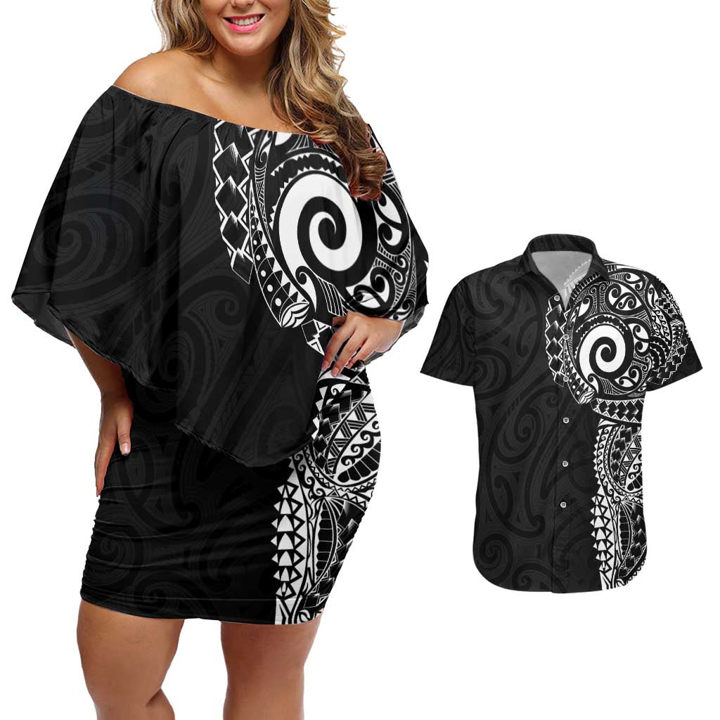 New Zealand Maori Koru Art Traditional Tattoo Couples Matching Off Shoulder Short Dress and Hawaiian Shirt Simple Style LT03 Black - Polynesian Pride