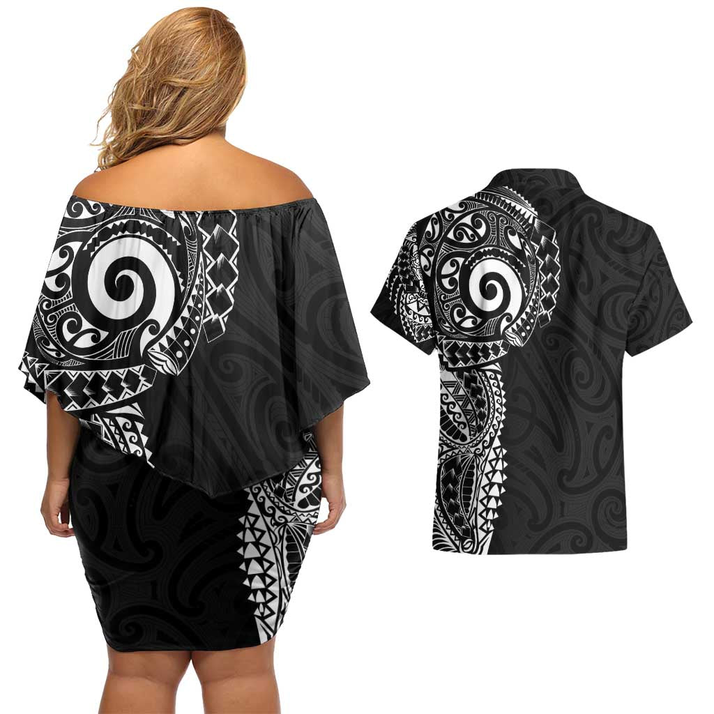 New Zealand Maori Koru Art Traditional Tattoo Couples Matching Off Shoulder Short Dress and Hawaiian Shirt Simple Style LT03 - Polynesian Pride