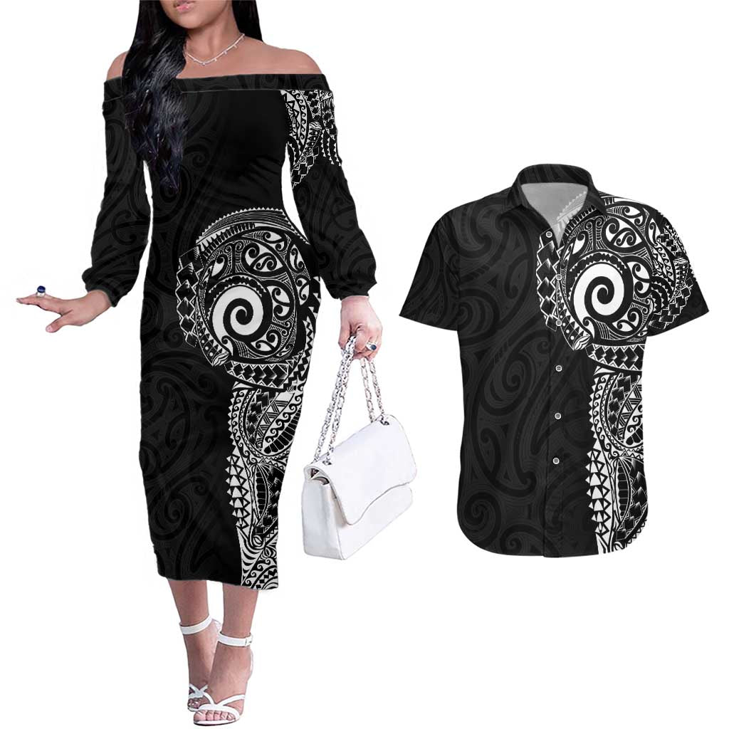 New Zealand Maori Koru Art Traditional Tattoo Couples Matching Off The Shoulder Long Sleeve Dress and Hawaiian Shirt Simple Style