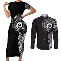 New Zealand Maori Koru Art Traditional Tattoo Couples Matching Short Sleeve Bodycon Dress and Long Sleeve Button Shirt Simple Style LT03 Black - Polynesian Pride