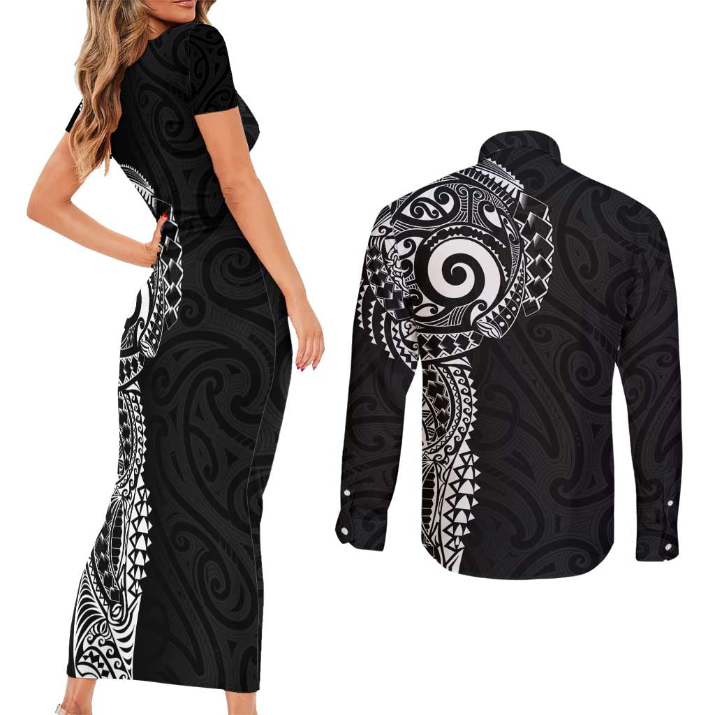 New Zealand Maori Koru Art Traditional Tattoo Couples Matching Short Sleeve Bodycon Dress and Long Sleeve Button Shirt Simple Style LT03 - Polynesian Pride