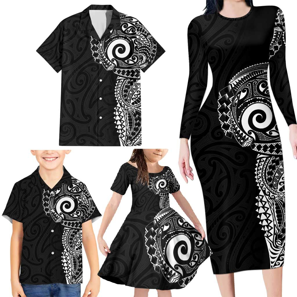 New Zealand Maori Koru Art Traditional Tattoo Family Matching Long Sleeve Bodycon Dress and Hawaiian Shirt Simple Style LT03 - Polynesian Pride