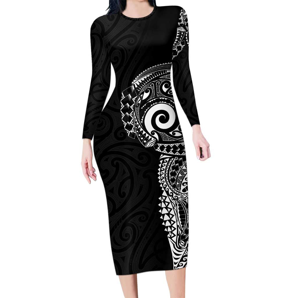 New Zealand Maori Koru Art Traditional Tattoo Family Matching Long Sleeve Bodycon Dress and Hawaiian Shirt Simple Style LT03 Mom's Dress Black - Polynesian Pride
