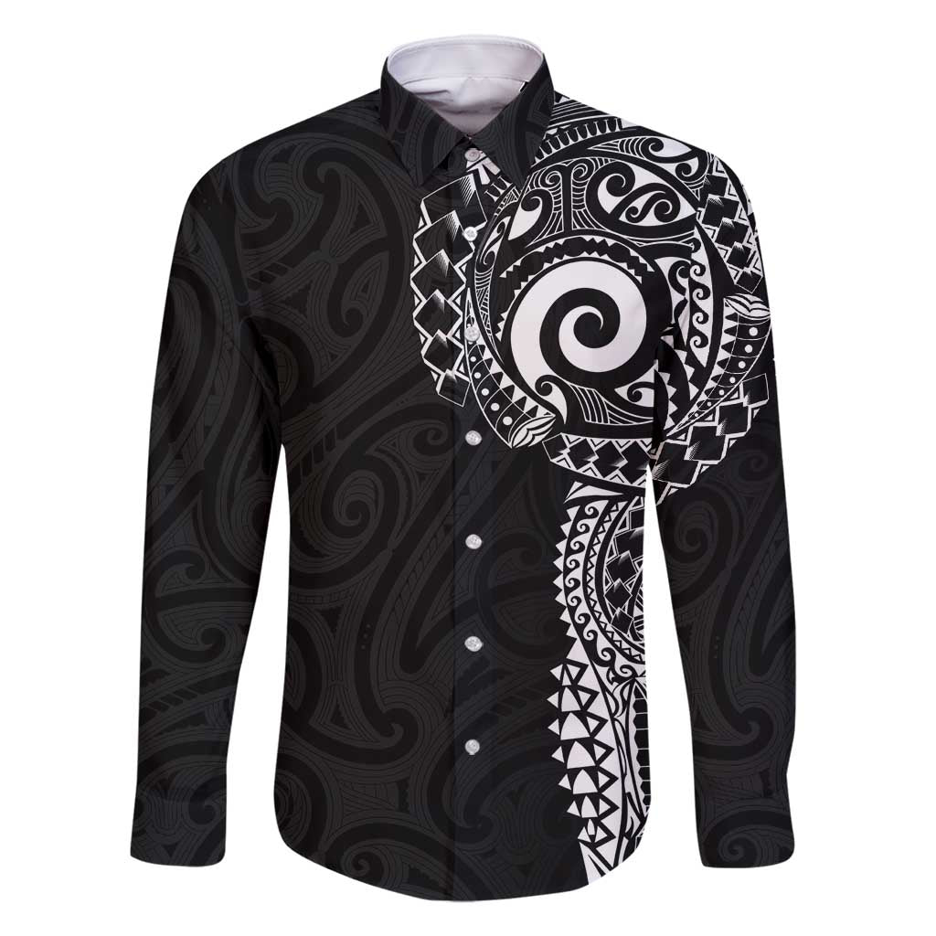 New Zealand Maori Koru Art Traditional Tattoo Family Matching Mermaid Dress and Hawaiian Shirt Simple Style LT03 Dad's Shirt - Long Sleeve Black - Polynesian Pride