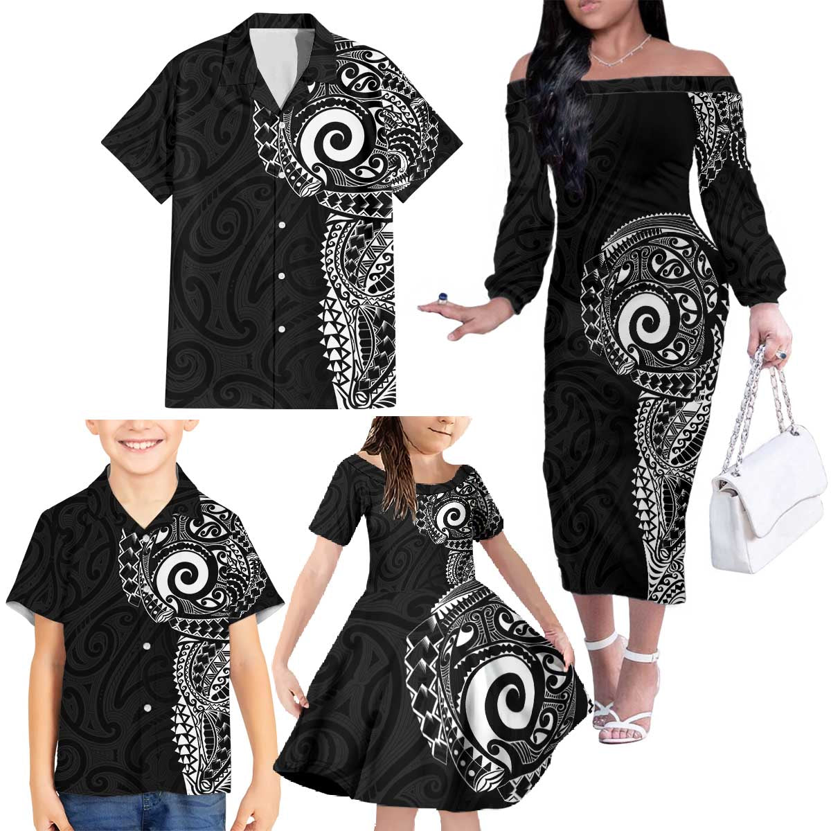 New Zealand Maori Koru Art Traditional Tattoo Family Matching Off The Shoulder Long Sleeve Dress and Hawaiian Shirt Simple Style