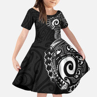 New Zealand Maori Koru Art Traditional Tattoo Family Matching Puletasi and Hawaiian Shirt Simple Style LT03 Daughter's Dress Black - Polynesian Pride