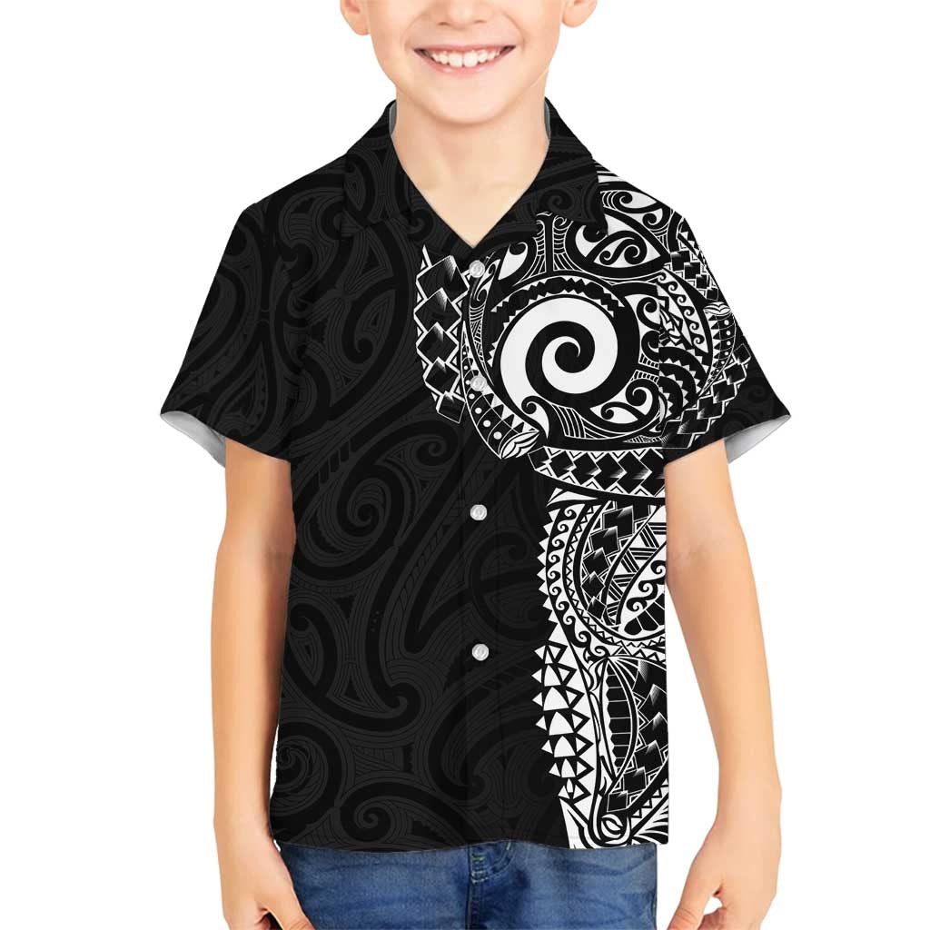 New Zealand Maori Koru Art Traditional Tattoo Family Matching Puletasi and Hawaiian Shirt Simple Style LT03 Son's Shirt Black - Polynesian Pride
