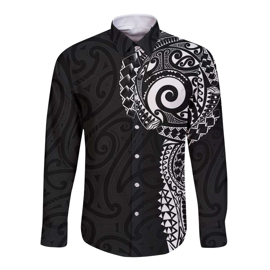 New Zealand Maori Koru Art Traditional Tattoo Long Sleeve Button Shirt Simple Style LT03 Unisex Black - Polynesian Pride