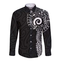 New Zealand Maori Koru Art Traditional Tattoo Long Sleeve Button Shirt Simple Style LT03 Unisex Black - Polynesian Pride