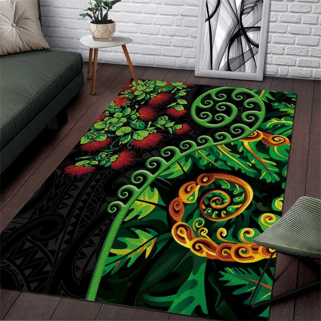 New Zealand Koru Plants and Pohutukawa Area Rug Maori Tattoo Pattern