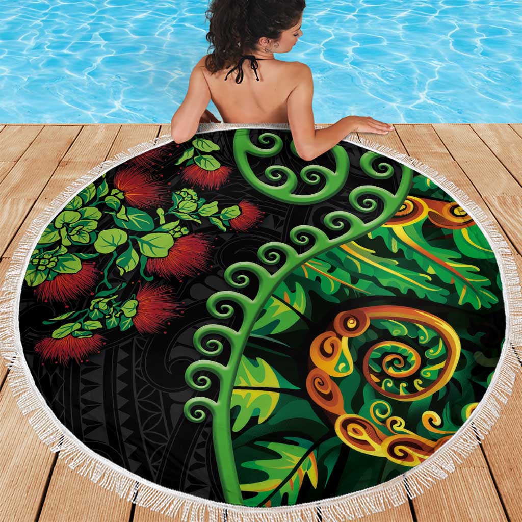 New Zealand Koru Plants and Pohutukawa Beach Blanket Maori Tattoo Pattern
