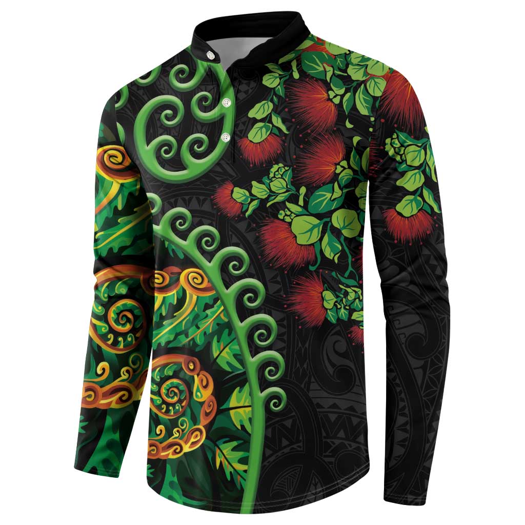 New Zealand Koru Plants and Pohutukawa Button Sweatshirt Maori Tattoo Pattern LT03 - Polynesian Pride