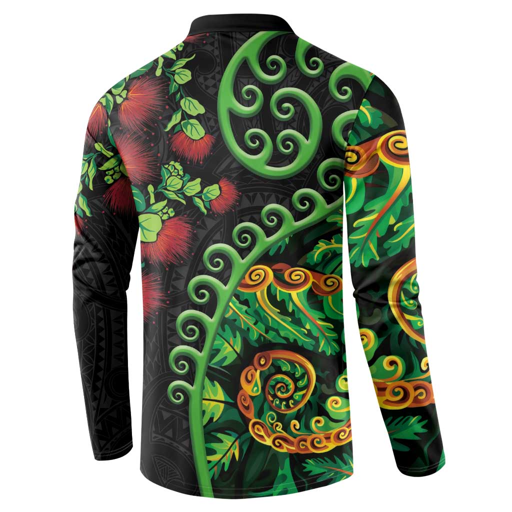 New Zealand Koru Plants and Pohutukawa Button Sweatshirt Maori Tattoo Pattern LT03 - Polynesian Pride