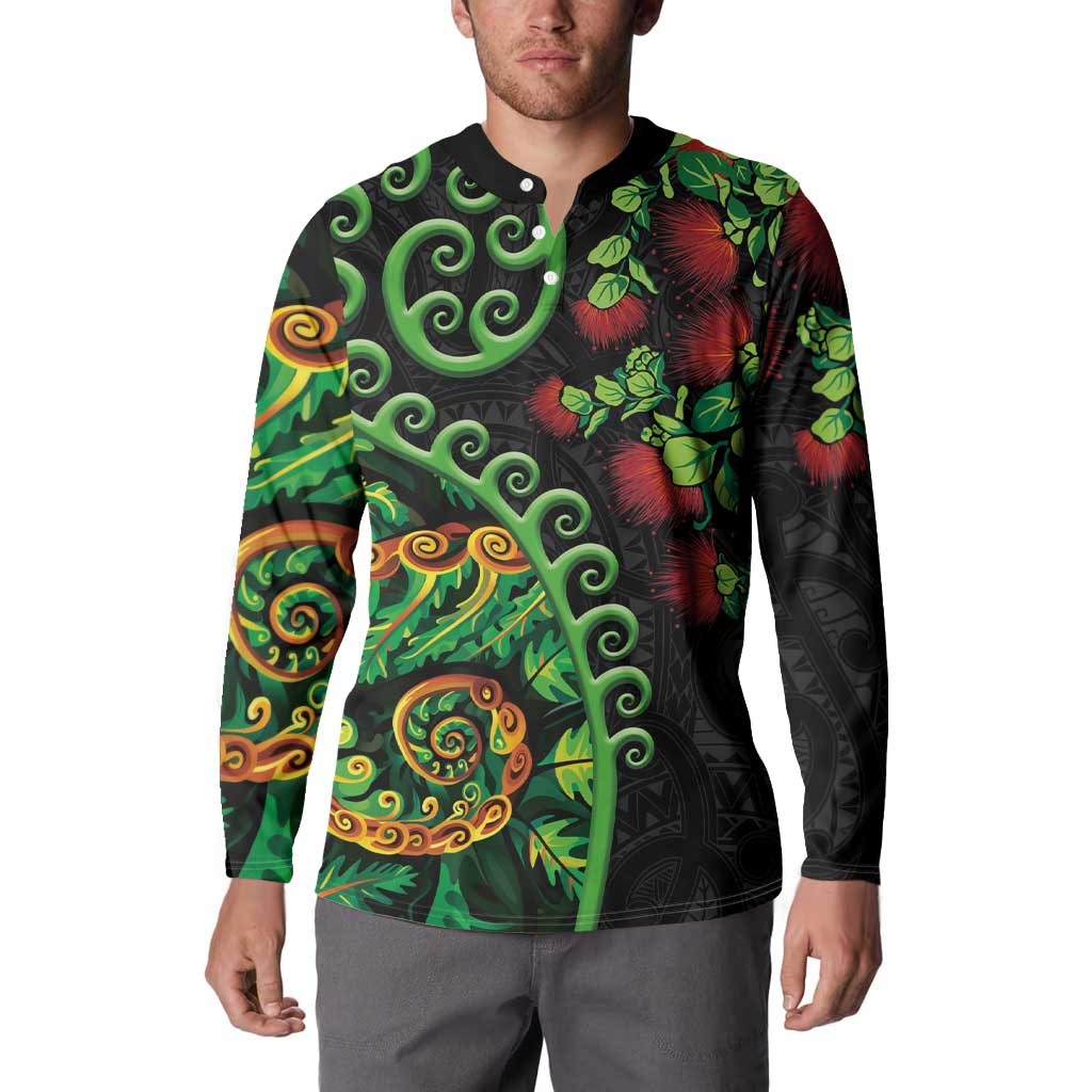 New Zealand Koru Plants and Pohutukawa Button Sweatshirt Maori Tattoo Pattern LT03 - Polynesian Pride