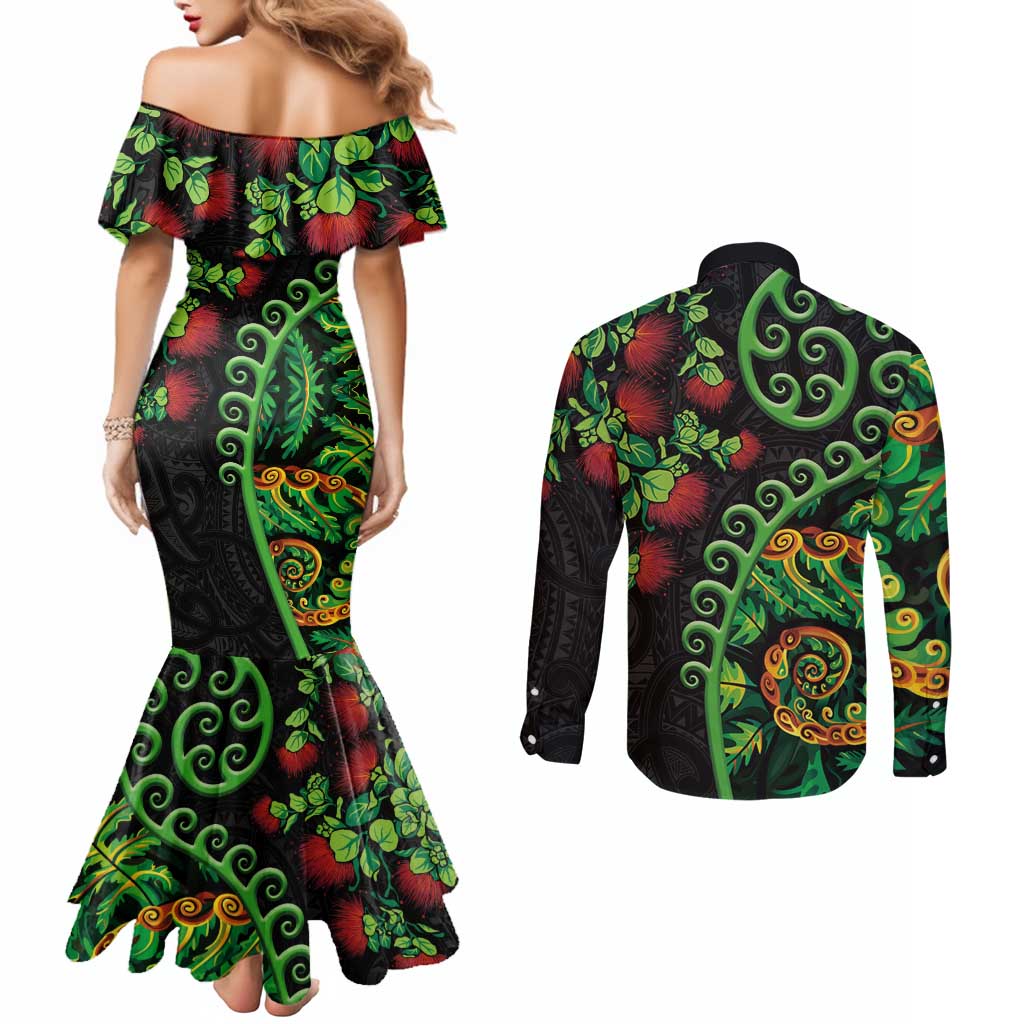 New Zealand Koru Plants and Pohutukawa Couples Matching Mermaid Dress and Long Sleeve Button Shirt Maori Tattoo Pattern LT03 - Polynesian Pride