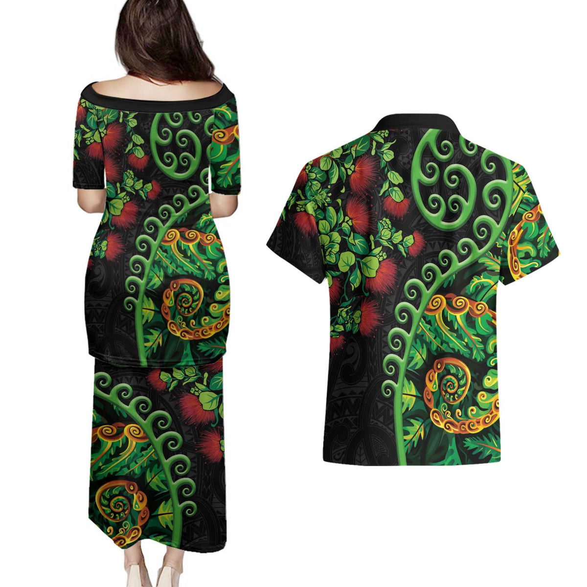 New Zealand Koru Plants and Pohutukawa Couples Matching Puletasi and Hawaiian Shirt Maori Tattoo Pattern LT03 - Polynesian Pride