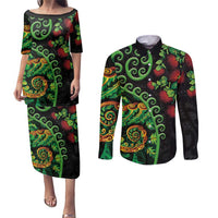 New Zealand Koru Plants and Pohutukawa Couples Matching Puletasi and Long Sleeve Button Shirt Maori Tattoo Pattern LT03 Black - Polynesian Pride