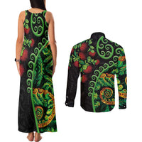New Zealand Koru Plants and Pohutukawa Couples Matching Tank Maxi Dress and Long Sleeve Button Shirt Maori Tattoo Pattern LT03 - Polynesian Pride