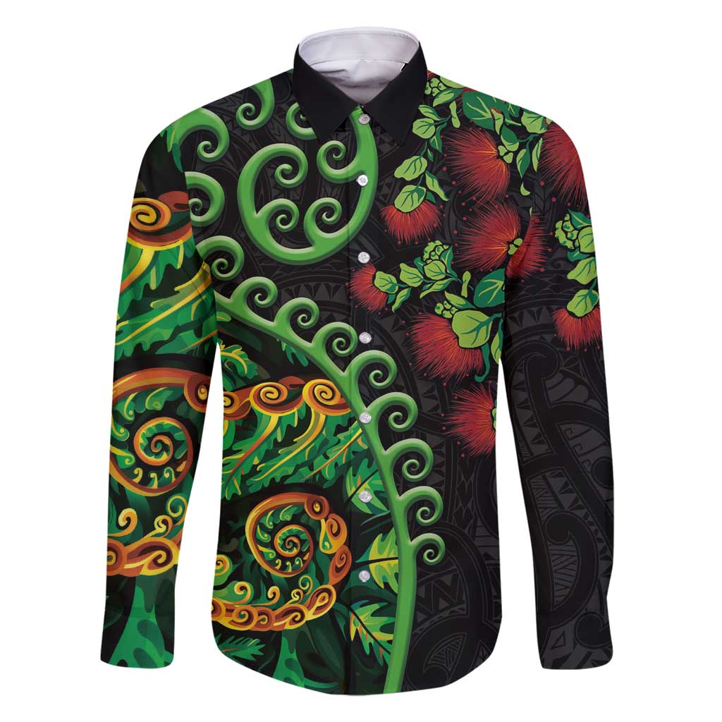 New Zealand Koru Plants and Pohutukawa Family Matching Mermaid Dress and Hawaiian Shirt Maori Tattoo Pattern LT03 Dad's Shirt - Long Sleeve Black - Polynesian Pride
