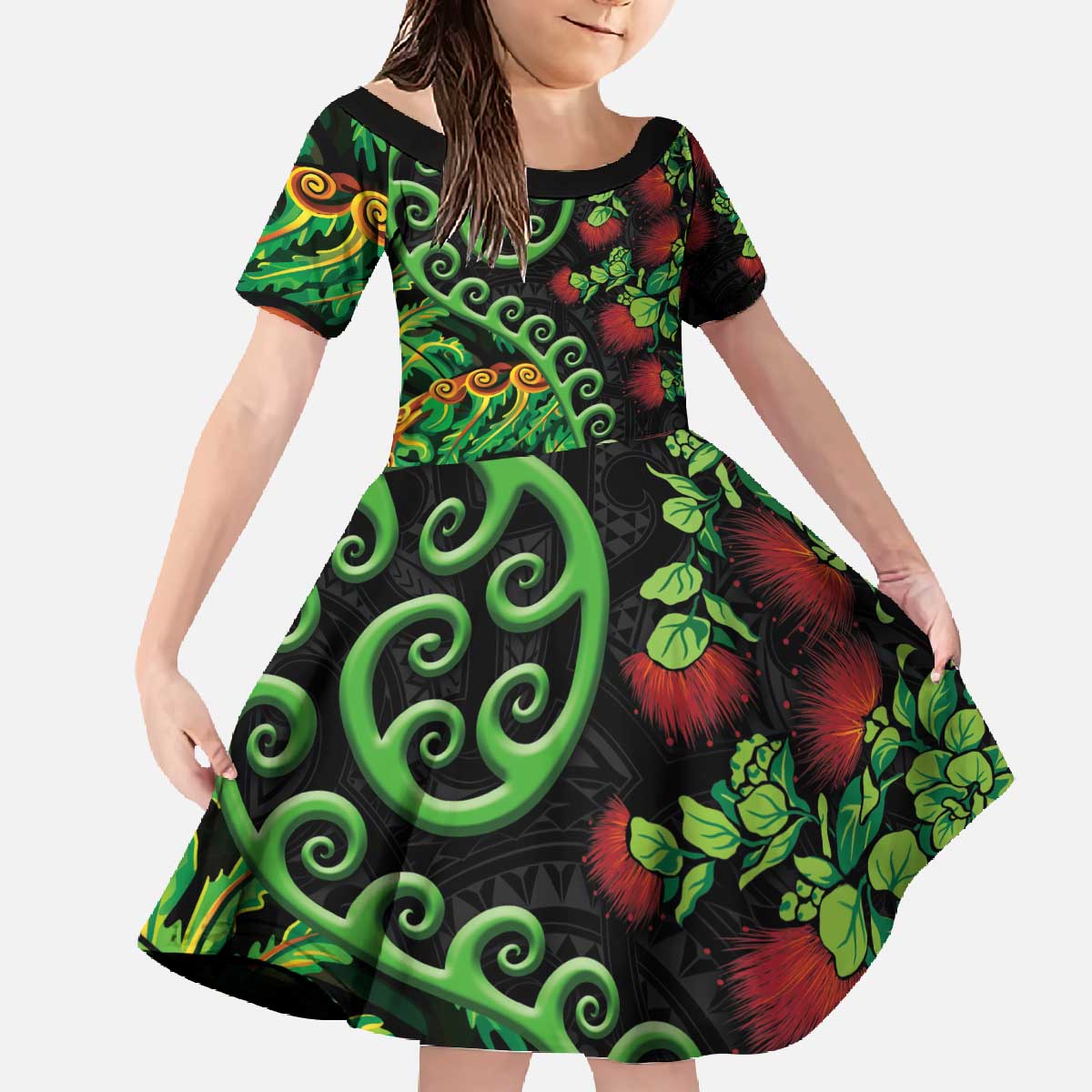 New Zealand Koru Plants and Pohutukawa Family Matching Off The Shoulder Long Sleeve Dress and Hawaiian Shirt Maori Tattoo Pattern